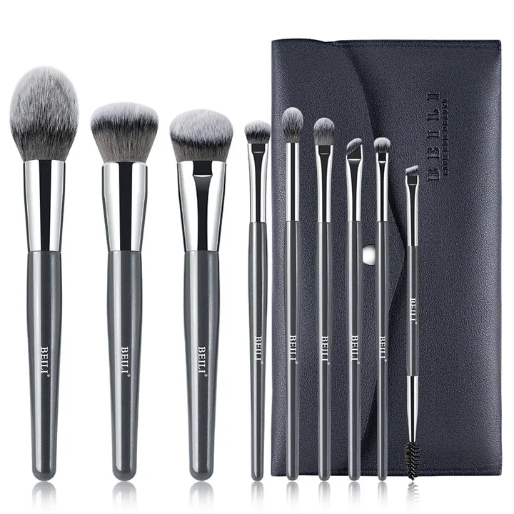 Custom Luxury Professional Grey Wood Handle Vegan Makeup Brushes Hight Quality Synthetic Hair Travel Make Up Brush Set With Bag