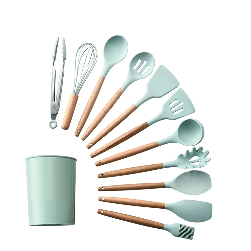 
Amazon hot sale Cooking 12 Pieces wood handle Silicone Kitchen Utensils Set with plastic bucket 