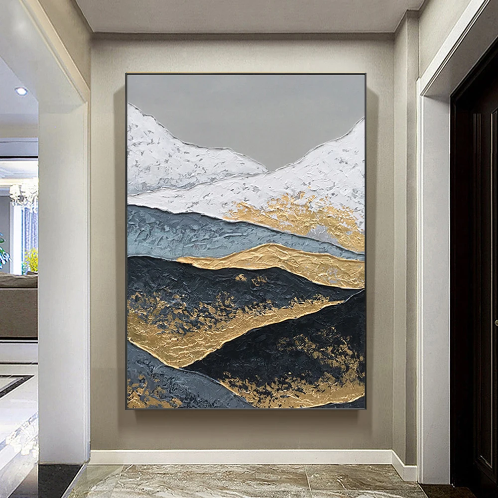 Oil Hand Painted Picture Black and White Artwork Obsidian Mountain  Snow  abstract canvas oil painting  gold for profesional