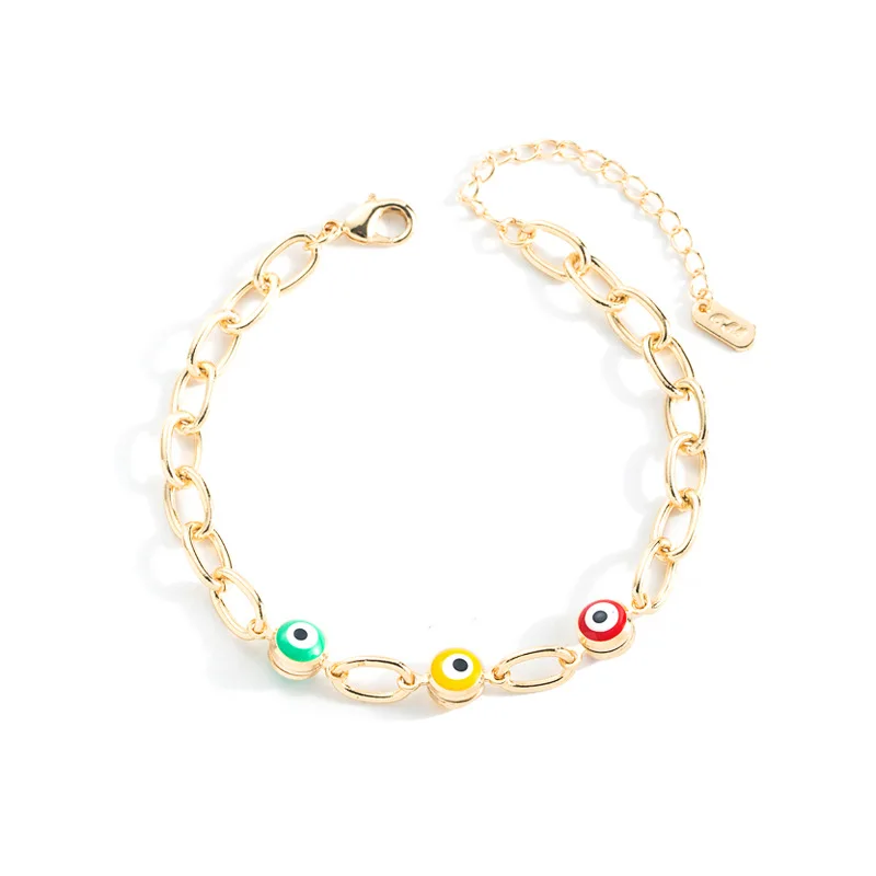 Hot Sale 14K Real Gold Plated Round Devil Eyes Women Bracelets Dripping Oil Love Heart Evil Eyes Figaro Chain Bracelet