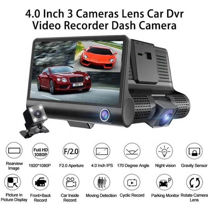 Loop Recording 1080P HD 3 Lens 4.0 INCH IPS Car DVR Camera Wifi Front and Rear Dash Camera with Touch Screen