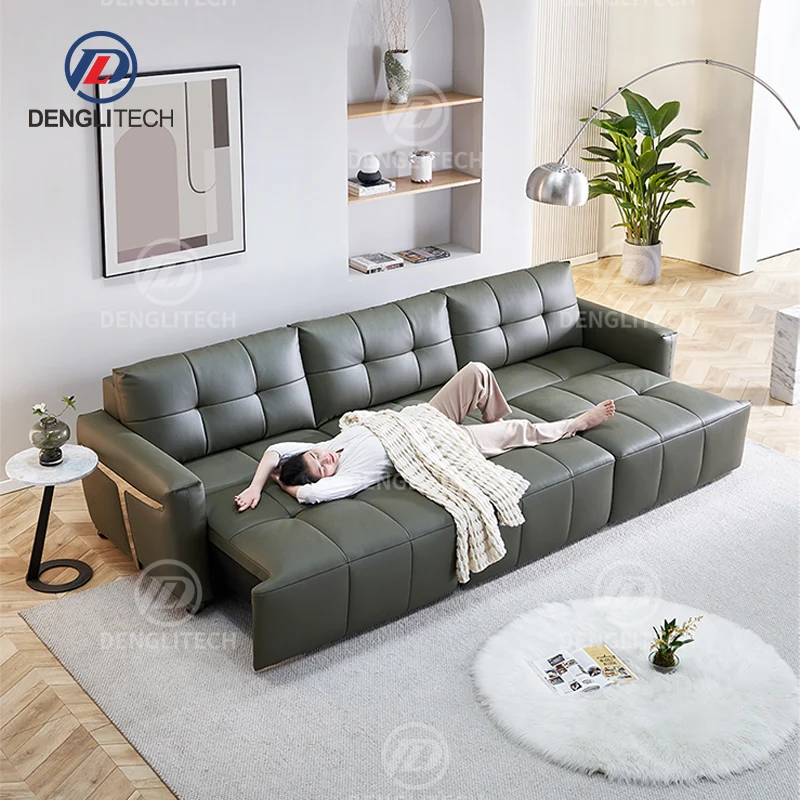 Modern High End Genuine Leather Functional Living Room Sofa Set Furniture 3 Seater Electric Extendible Recliner Sofa Bed