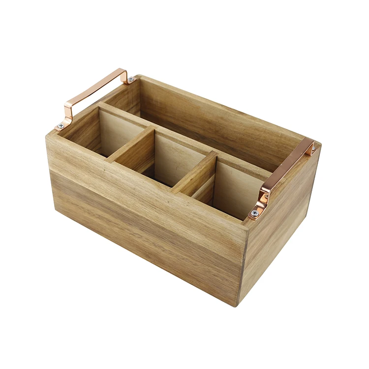 Customized Logo Acacia Wooden Compartment Wine Bottle Holder with Metal Handle