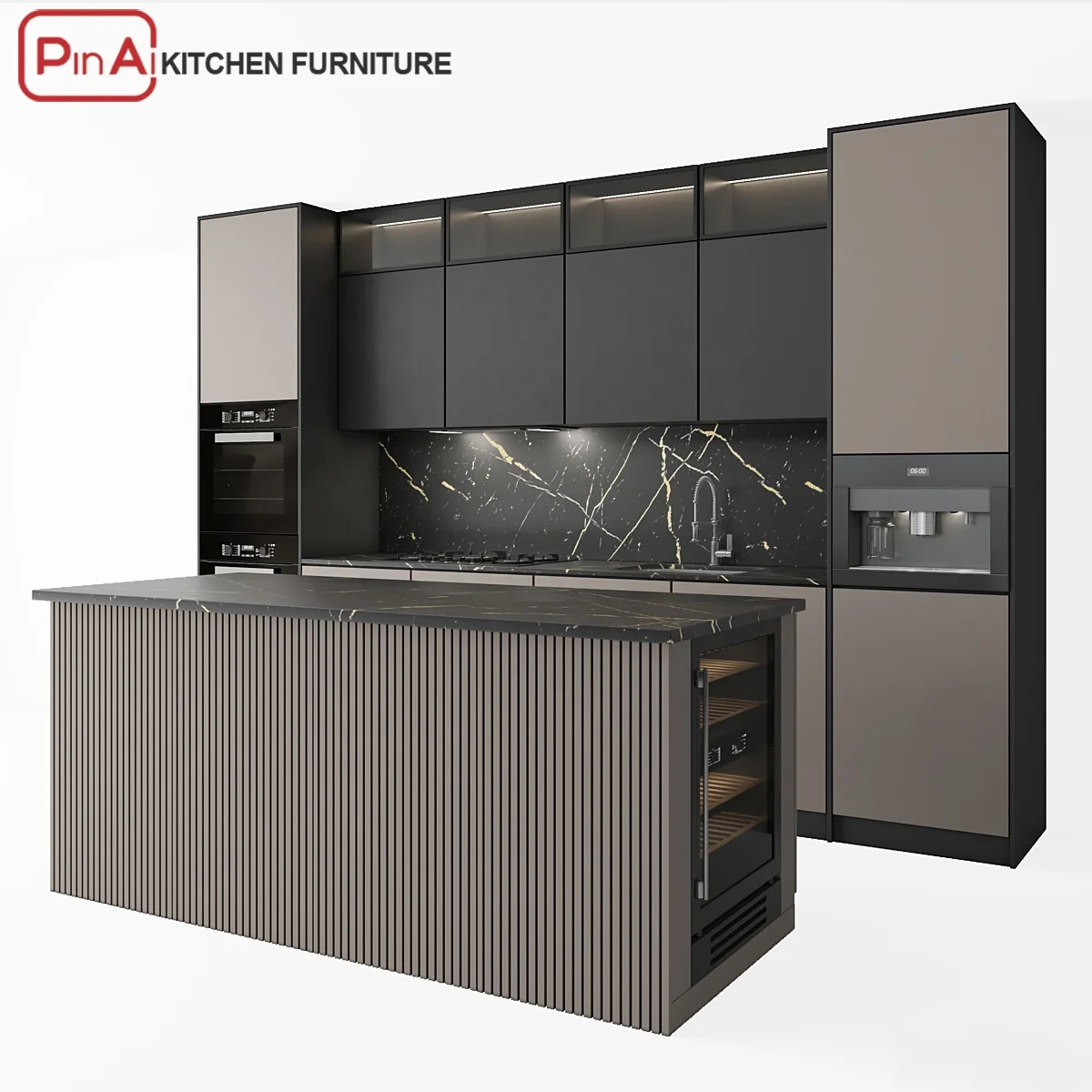 PINAI prefabricated wood marble kitchen island table with storage