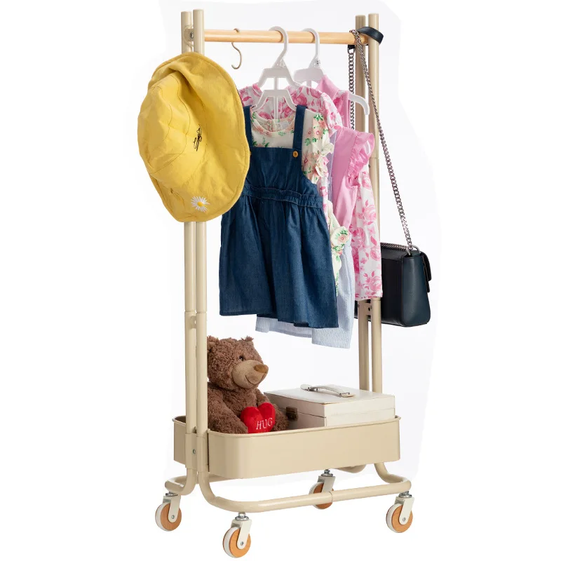 Factory Price Kids Clothes Hanging Rack with Storage Basket Metal Hanger Organizer Coat Rack Stand on Wheels
