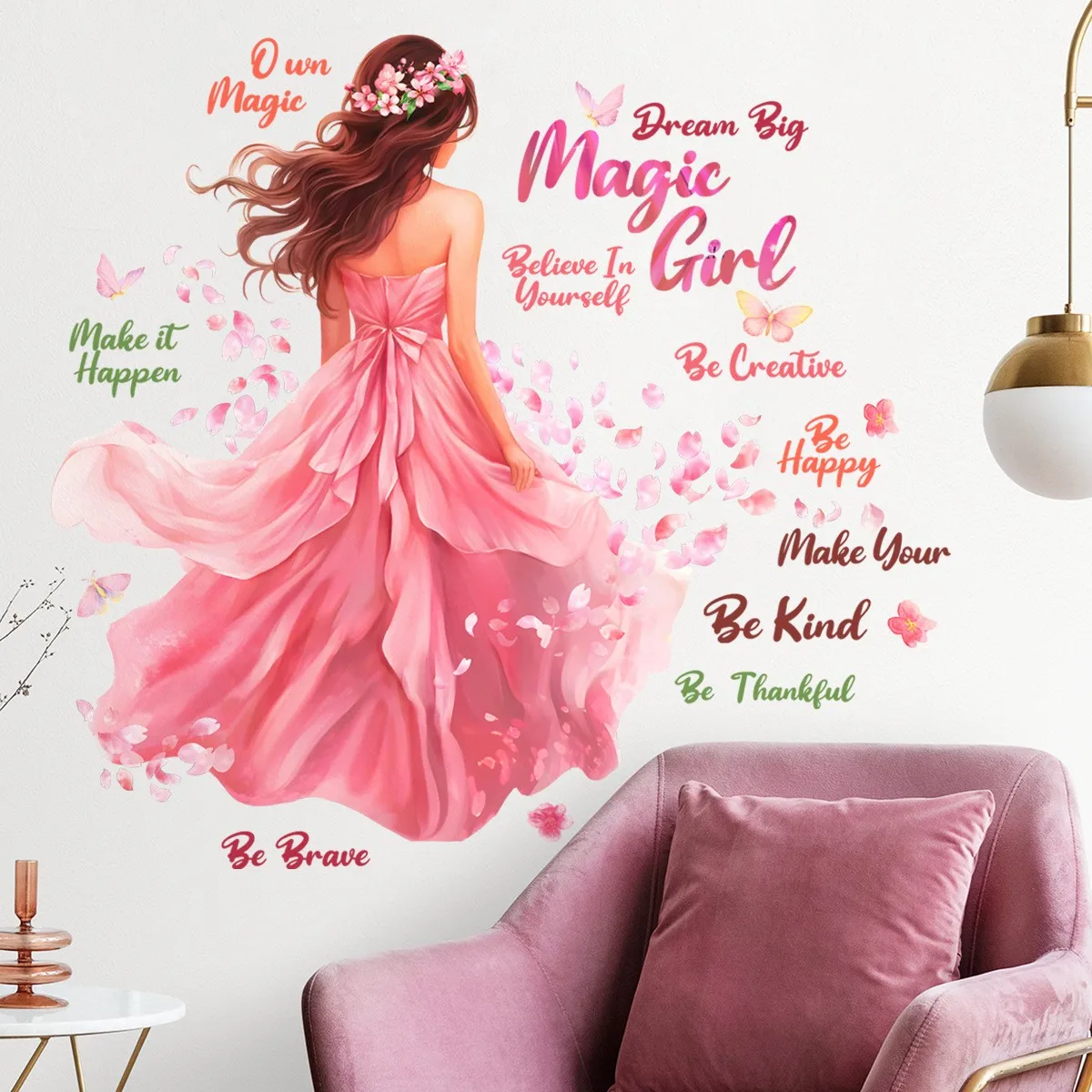 Beautiful Girl Back Pink Dress Wall Stickers Queen Crown Wallpaper Stars and Dots Sticker Home Decor for Living Room Wall Decal
