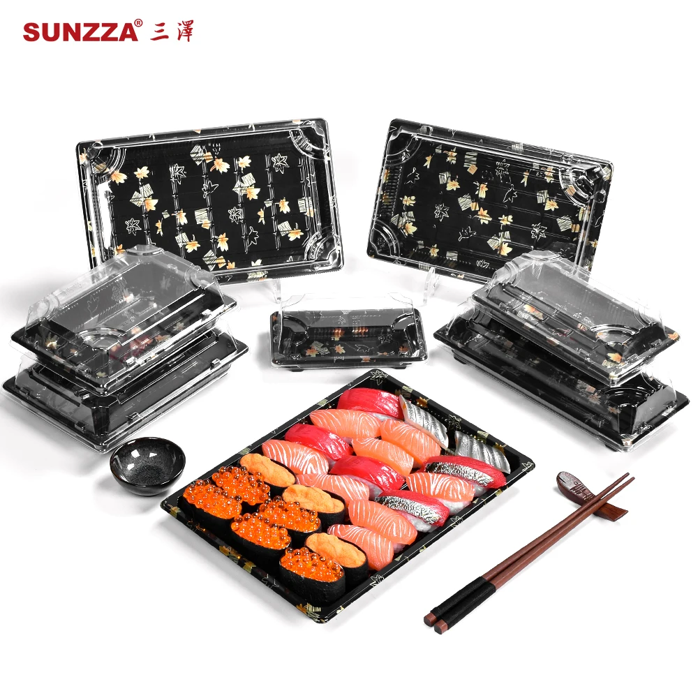 Sunzza platter japanese Luxury blister pet disposable food meal lunch box container plastic to go sushi tray with anti fog lid
