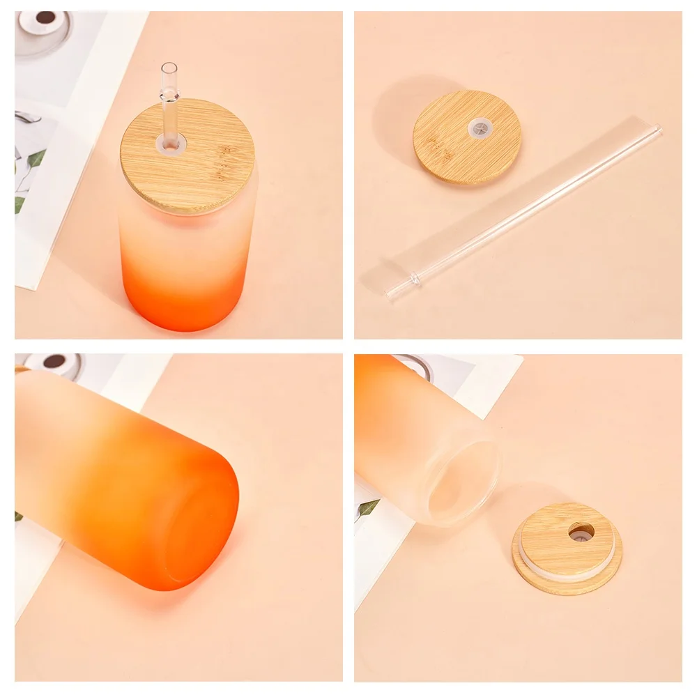 16oz Heat Resistant Borosilicate Glass Mug Gradient Color Drink Glasses Beer Cup Reusable Cup Glass Cup With Lid and Straw