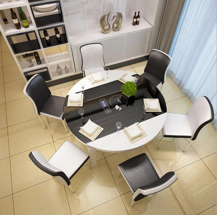 Dining table and chair combination modern minimalist living room small apartment telescopic folding household round dining table
