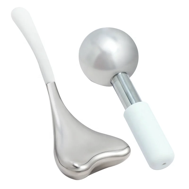 Custom Logo Portable Metal Cooling Gua Sha Massage Spoon Facial Roller Rubber holder Ice Globes