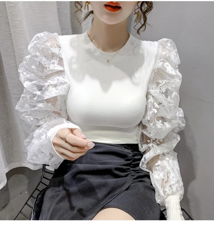 2021 New Design Fall Lace Puff Sleeve Slim Tops For Women Long Sleeve Ladies Blouses
