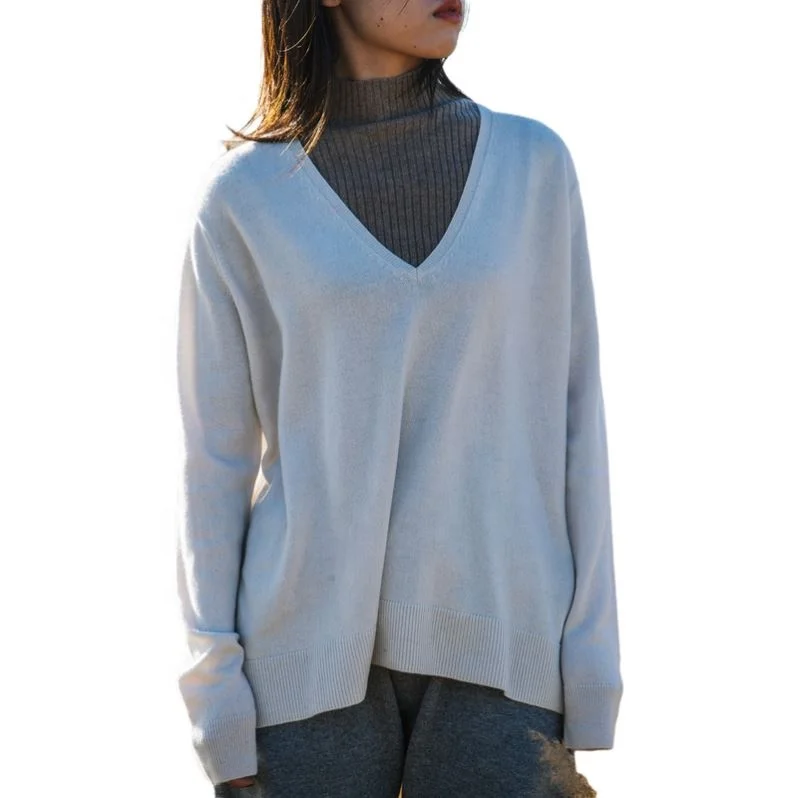 
New Design OEM 100%Cashmere loose Casual side splits V Neck Cashmere Pullover For Women For Wholesales 