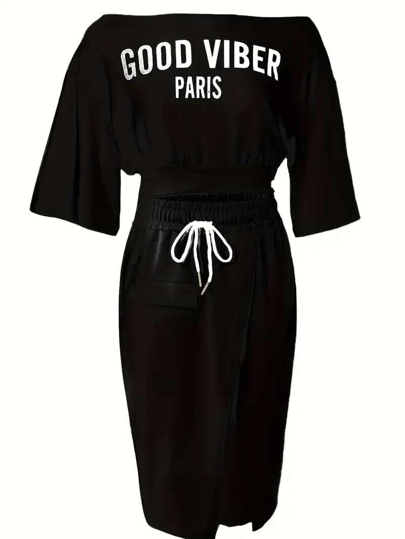 Letter Print Short Sleeve Top & Drawstring Split Hem Knee Length Skirt Outfits 2 Piece Set Plus Size Casual Two Piece Set