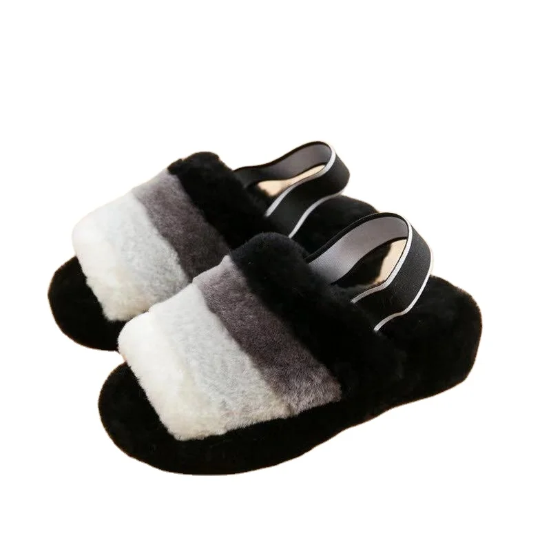Wholesale women sheepskin fur colorful lined slippers, soft slides for women winter warm women slippers