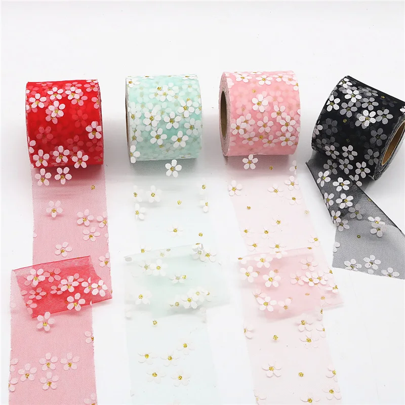 8cm Hot Sale DIY Accessories Decorative White Organza Christmas Flower Tulle mesh ribbon