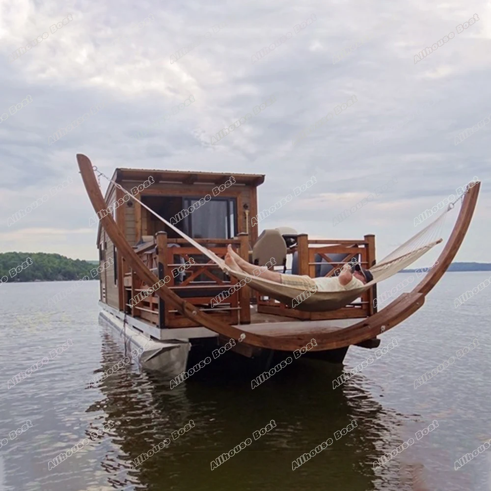Allhouse New Design 8.2m House Boat Luxury Aluminum Pontoon Houseboat With Motor and Trailer For Sale