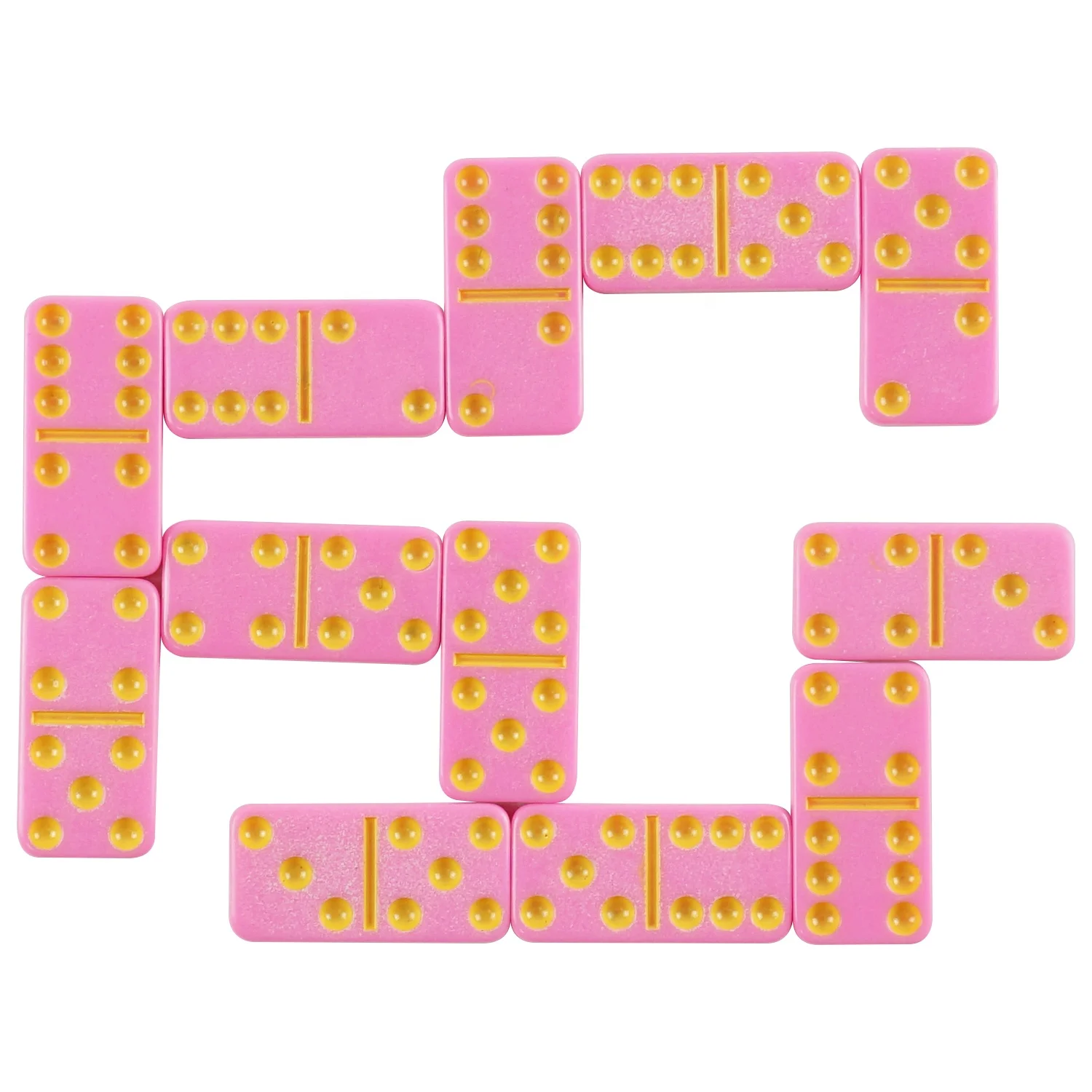 Professional custom pink double 6 domino set yellow dot 28pcs with colour paper box 4006 dominoes set for table game