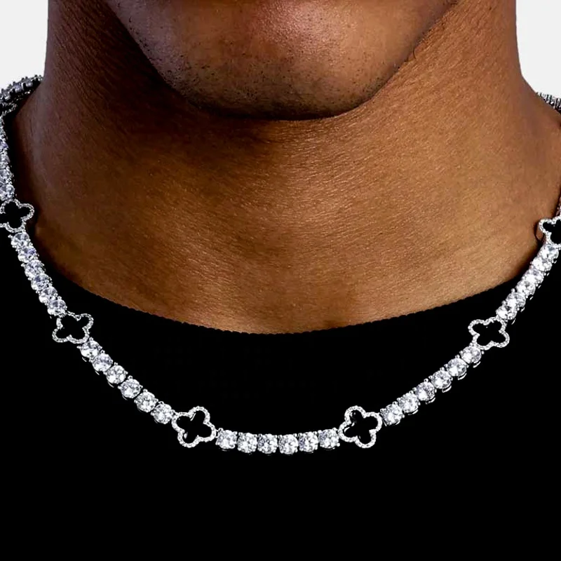 Hip Hop Fine Jewelry Passd Diamond Tester 925 Silver 3MM 4MM 5MM Moissanite Black Agate Clover Tennis Chain For Men Women