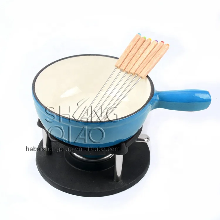 7 inch Enameled cast iron Chocolate Fondue Pot With 6 Fondue Forks Cheese Fondue Set