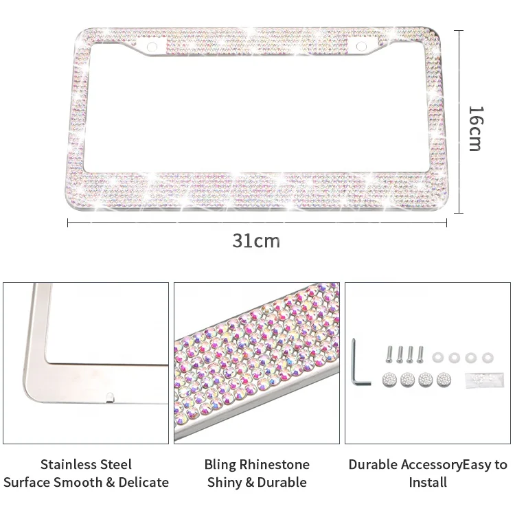Crystal Bling Rhinestone Stainless Steel License Plate Frame for USA America Standard Diamond Holder 12.4inch 6.3inch