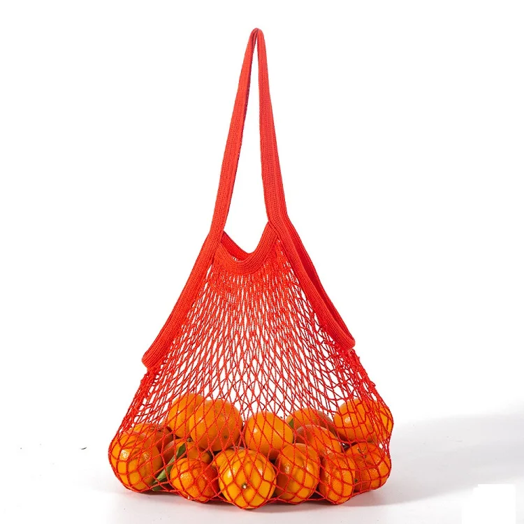 Portable Cotton Net Bag Red Yellow Colour Reusable Shopping Grocery Fruit Bag GOTS certified Cotton Mesh Bag with Strong Handle
