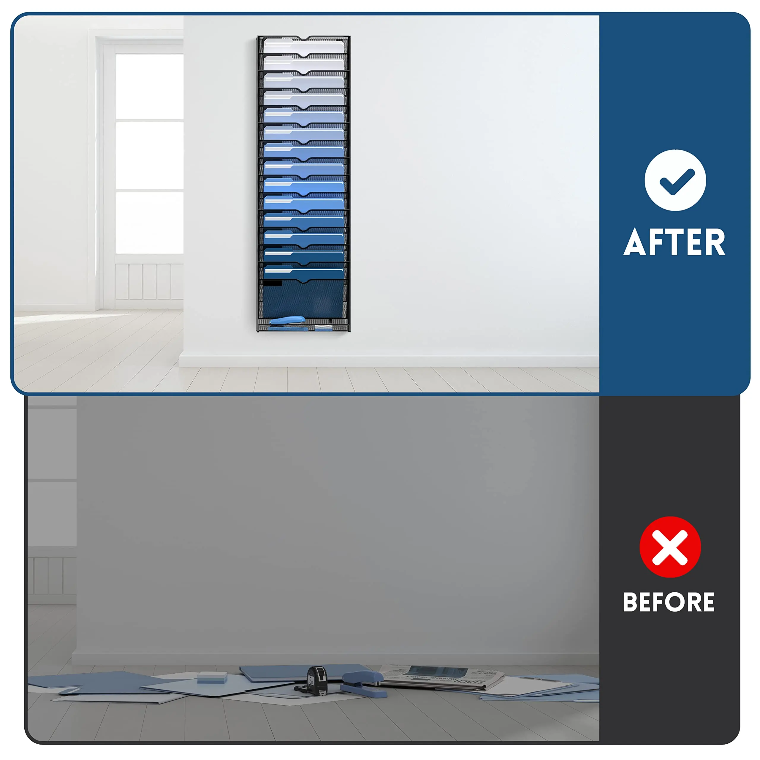 Metal Mesh 15 Tier Vertical Hanging Wall File Organizer with Bottom Flat Tray Holder for Papers and Magazines