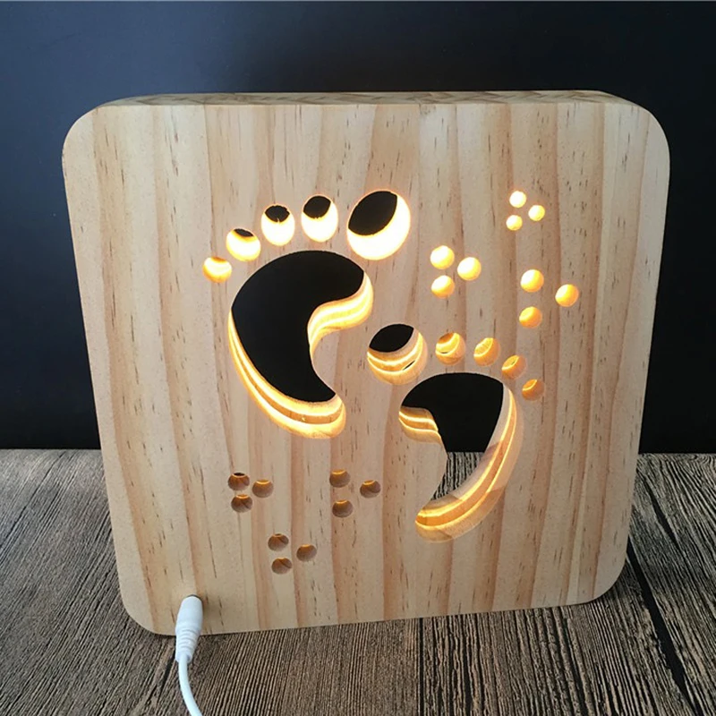 Creative Wood Lamp LED Night Light 3D Wood Carving Foot Sign Pattern USB Port Mood Lamp