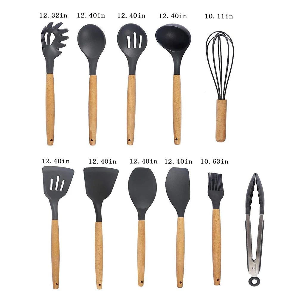 
Kitchen Utensil Set Silicone Cooking Utensils 12Piece - Cooking Utensils Set with Bamboo Wood Handles for Nonstick Cookware 