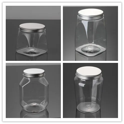 Square PET Plastic Jar Food Grade for Packaging Snacks Candies Chocolates Jellies Nuts Cashews Almonds Pecans Screw Cap Sealing