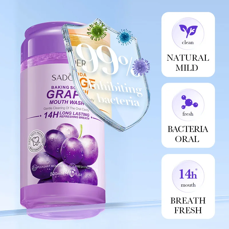 Popular SADOER Natural Oral Cavity Cleaning Refreshing Mouthwash Alcohol Free Grape Baking Soda Mouth Wash 500ml