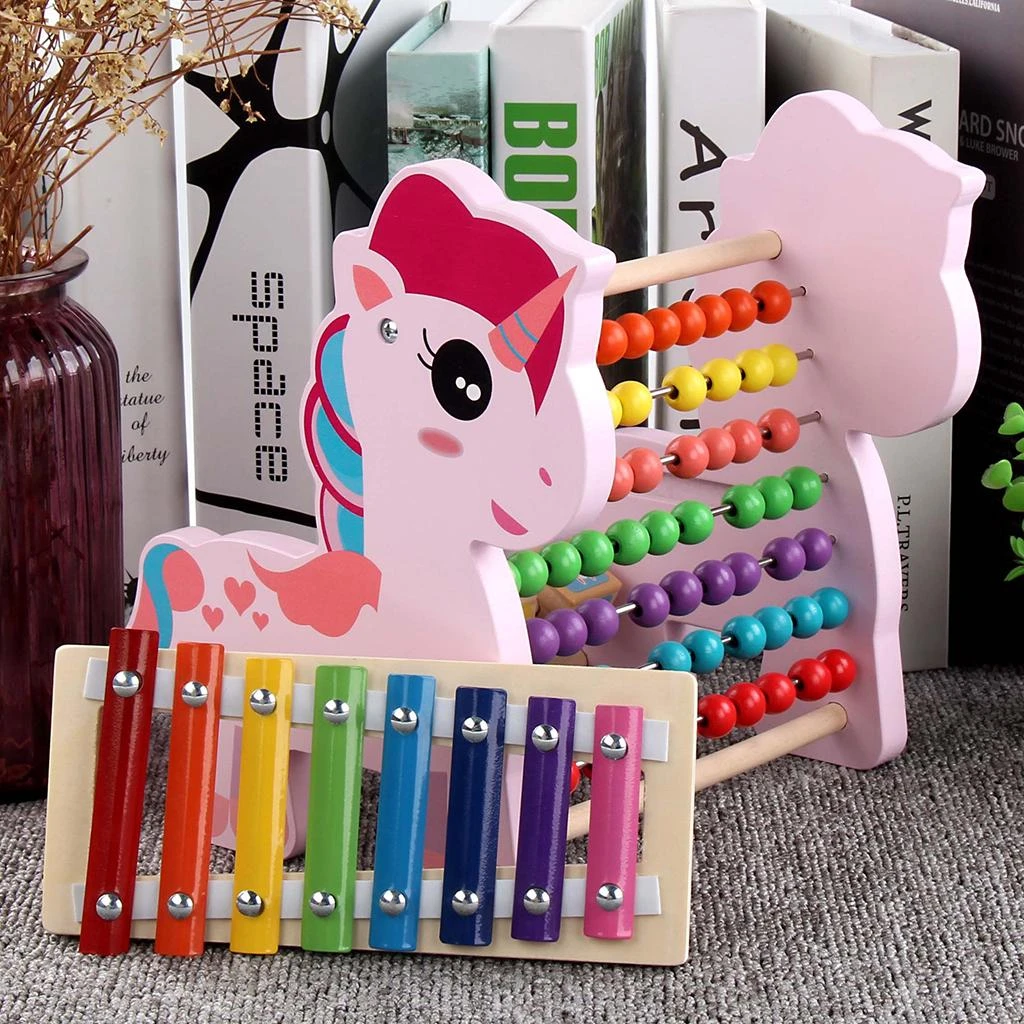 Baby Pink Educational Abacus Math Toys Unicorn Music Instruments Wooden Xylophone For Kids