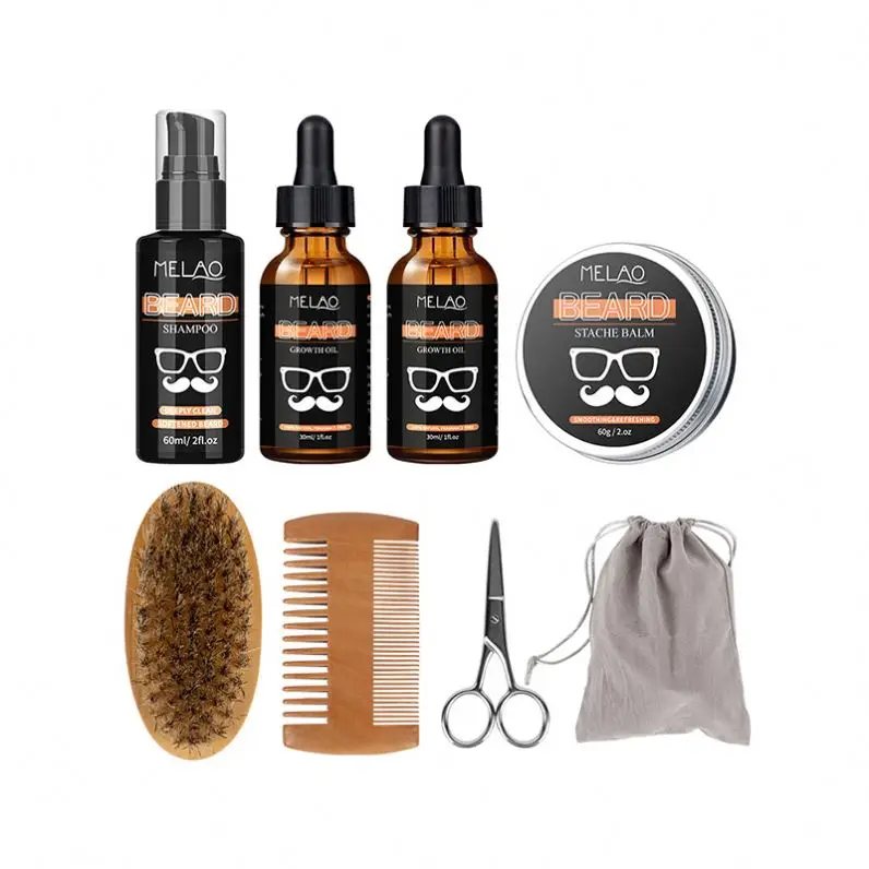 OEM/ODM 100% Brush Wooden Comb Balm shampoo Oil Mustache Scissors Aftershave Beard Kit for Men