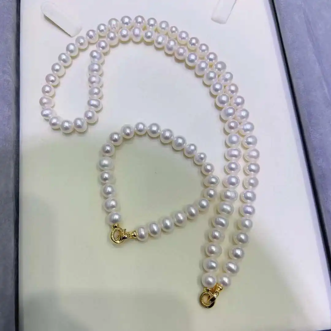 A 7-8mm High-quality Potato Shaped Pearl Necklace Bracelet Set Two in One Set Jewelry Gold Freshwater Pearl 765 Plated Trendy