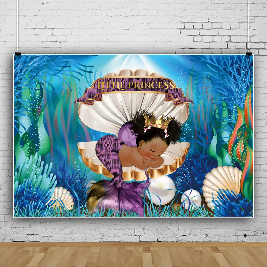 7x5ft Mermaid Under The Sea Photography Backdrop Props Ocean Purple and Teal Girl One Birthday Party Decoration Starfish Shell