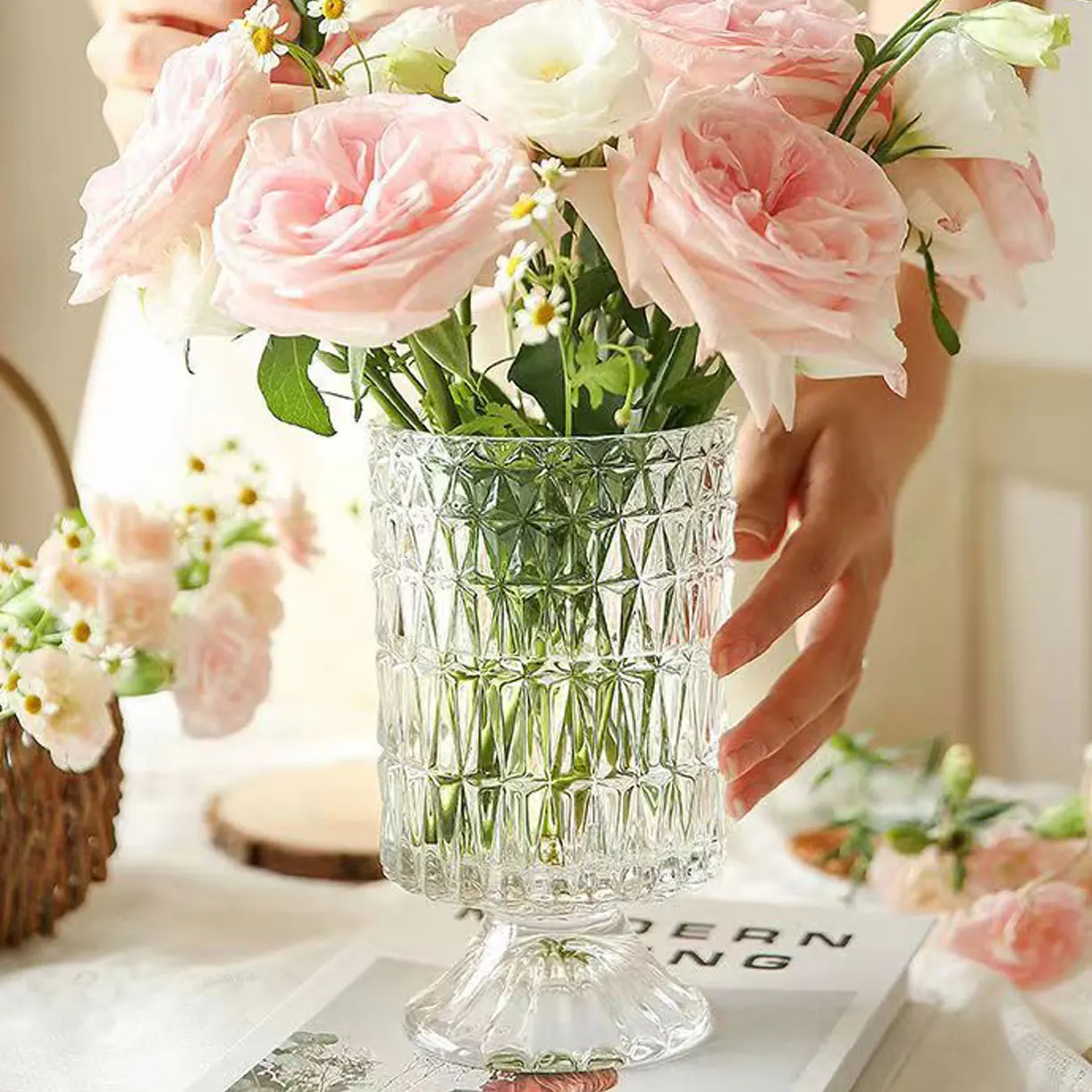 Vintage style embossed glass vases modern home decoration decorated