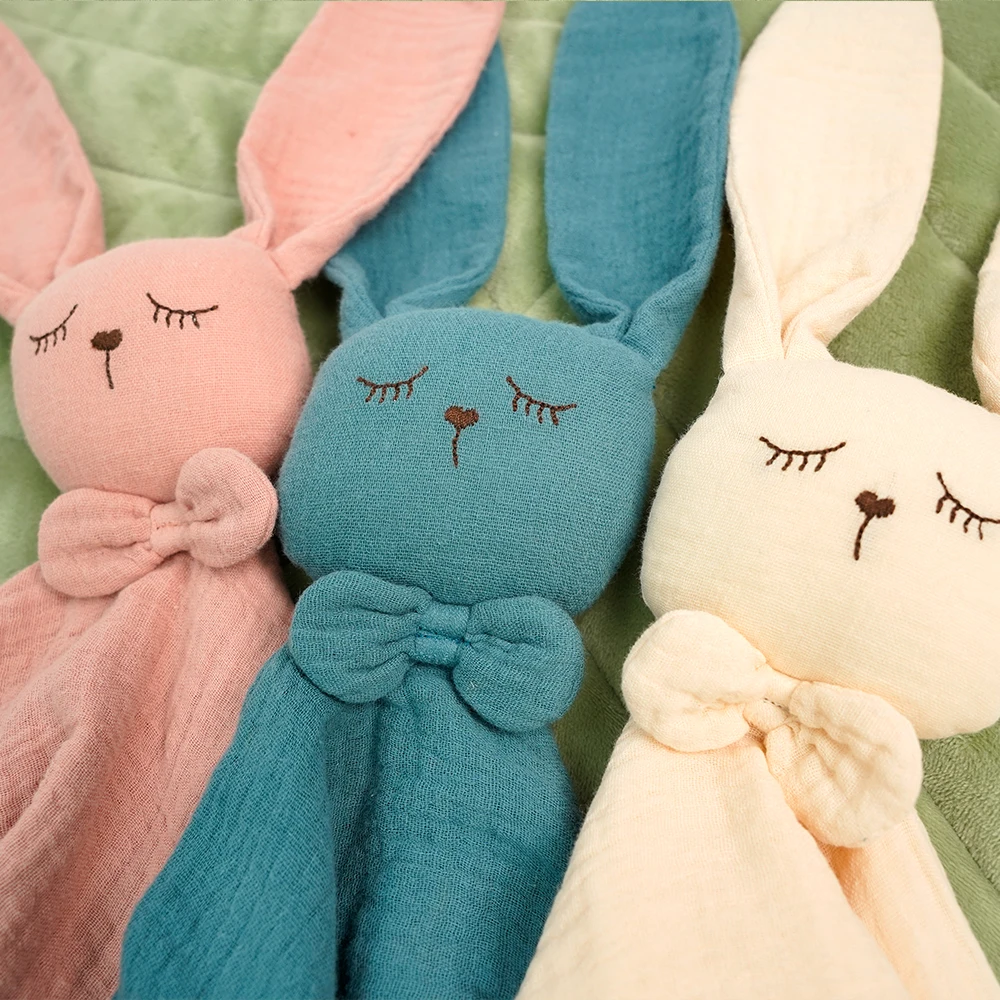 Baby Safety Bunny Blanket Soft  Lovey Baby Gift Organic 100% Cotton Muslin Rabbit Security Blanket