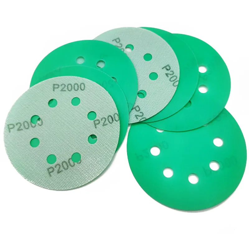 High Quality 5 Inch 8 Holes 125 mm Abrasive Sanding Disc Green Polyester Film Sandpaper for Sanding Backing Hook and Loop Pad