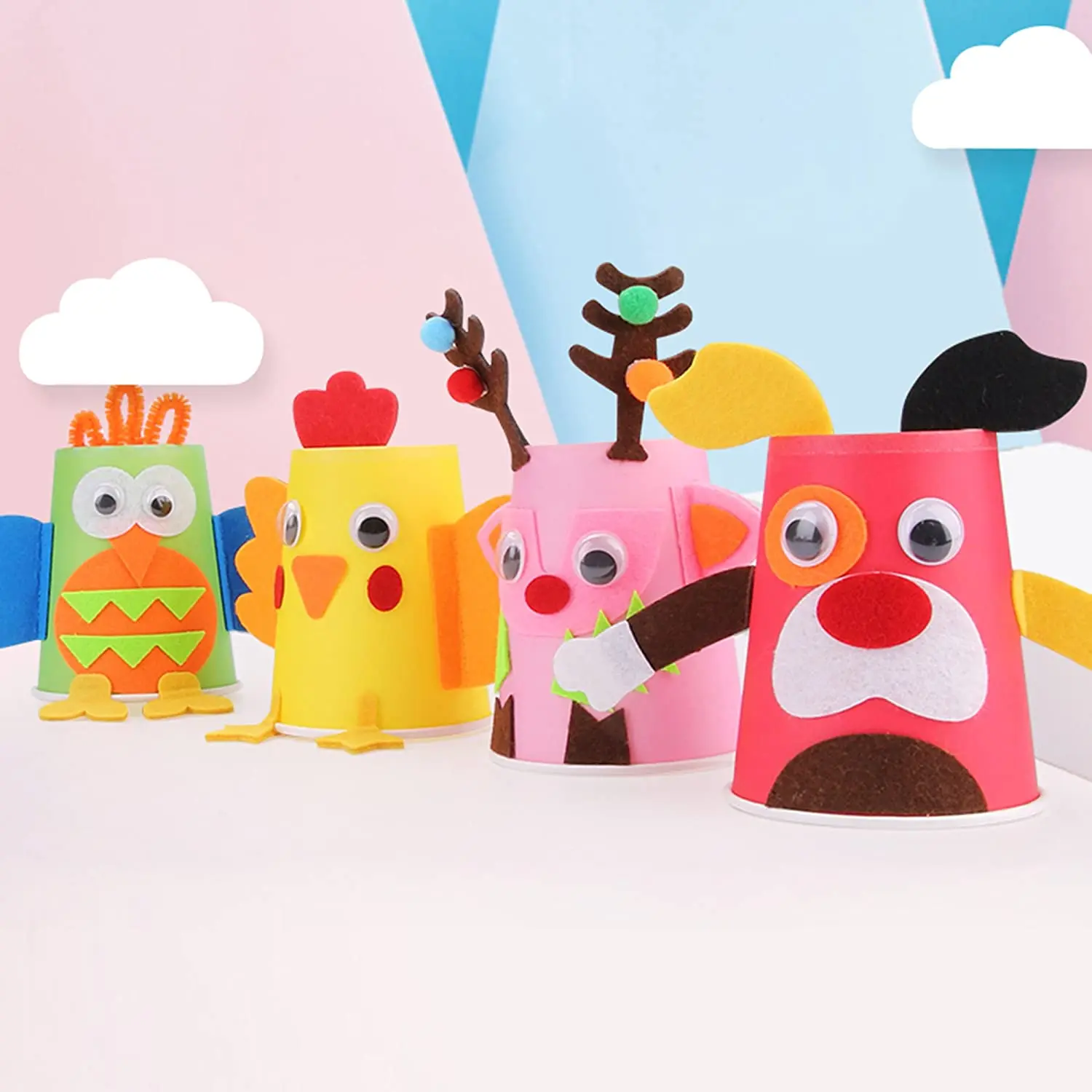 
crafts supplies beginner kids DIY self-adhesive felt sheets assorted cute funny lively shapes decorative paper cups 