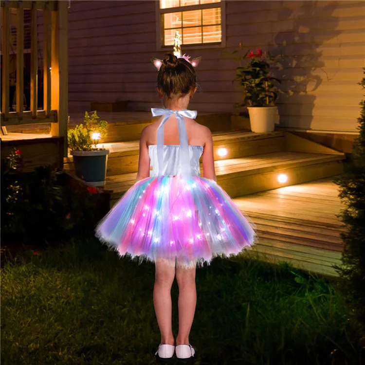 Vibrant Unicorns Dress Up Outfit Multi Colored LED Lights Rainbow Sequin Tulle Girls Tutu Dresses with Colorful Hair Hoop Wings