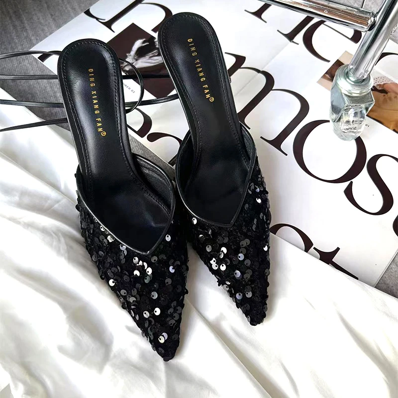 Pumps  Latest Design Sequins Cross Strappy Luxury Pointed Toe Wedding Bridal Shoes Lace up Navy Loyal Blue Heels for Women