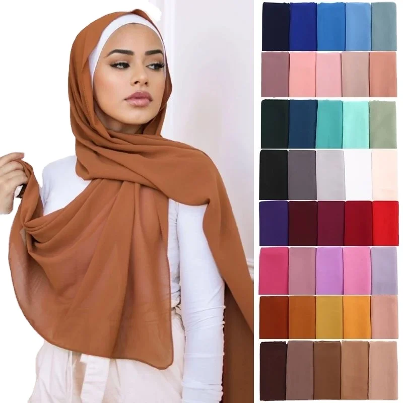 Wholesale 86 Colors High Quality Islamic Shawl Soft Plain Georgette Muslim Hijabs Headscarf Bubble Chiffon Hijab Scarf