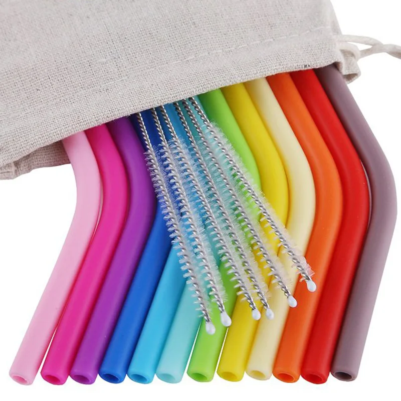 Food Grade Reusable Silicone Rubber Eco Friendly Straw With Cotton Bag Cleaning Brush For Drinking Silicone Straws