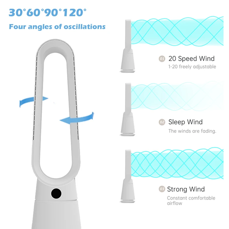 7000Rpm Powerful Tower Fan 20 Speed 8H Timer 4 Rotatable Angles Bladeless Electric Fans For Home