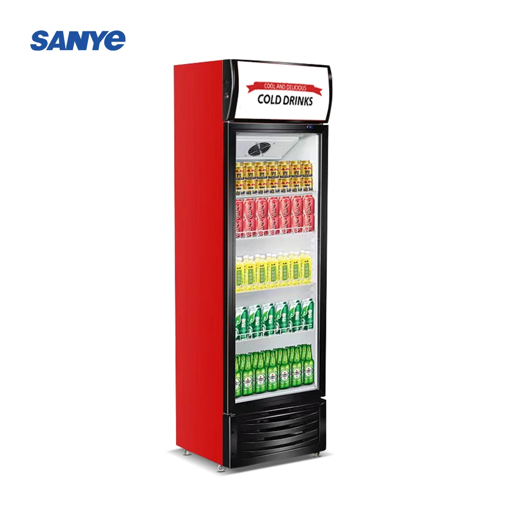 upright merchandising display fridge with custom sticker inside led commercial refrigerator for shop freezer refrigerator