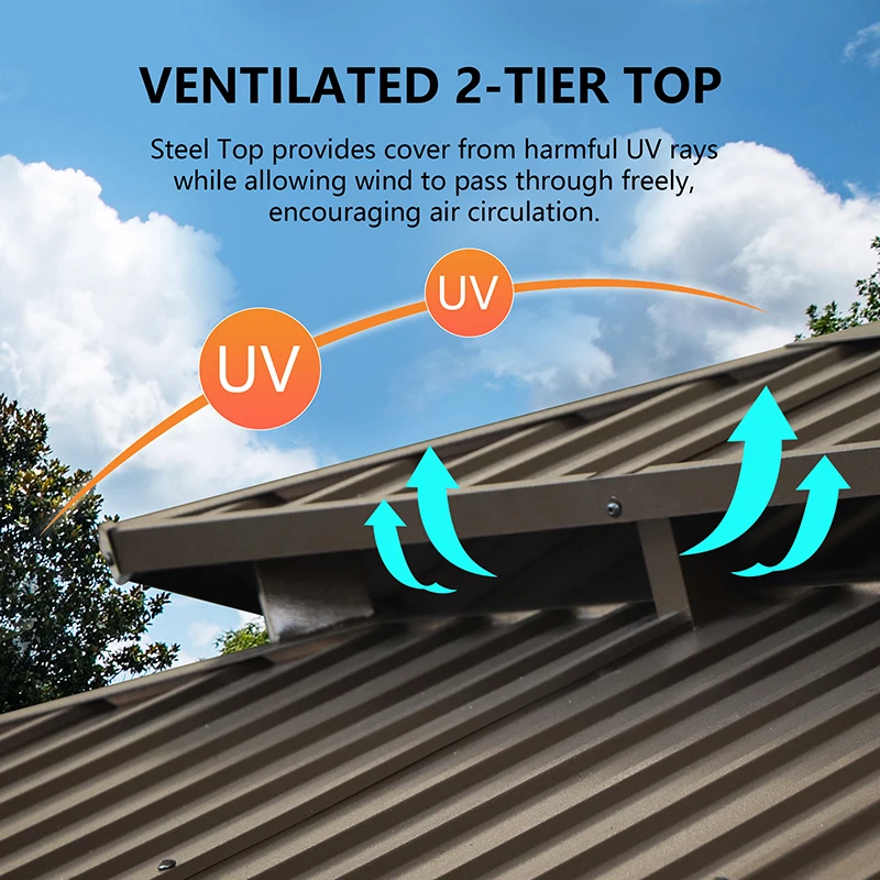 10x12ft USA Available In Stock Permanent Canopy Dark Brown Double Roof Hardtop Gazebo With Mosquito Netting & Curtains