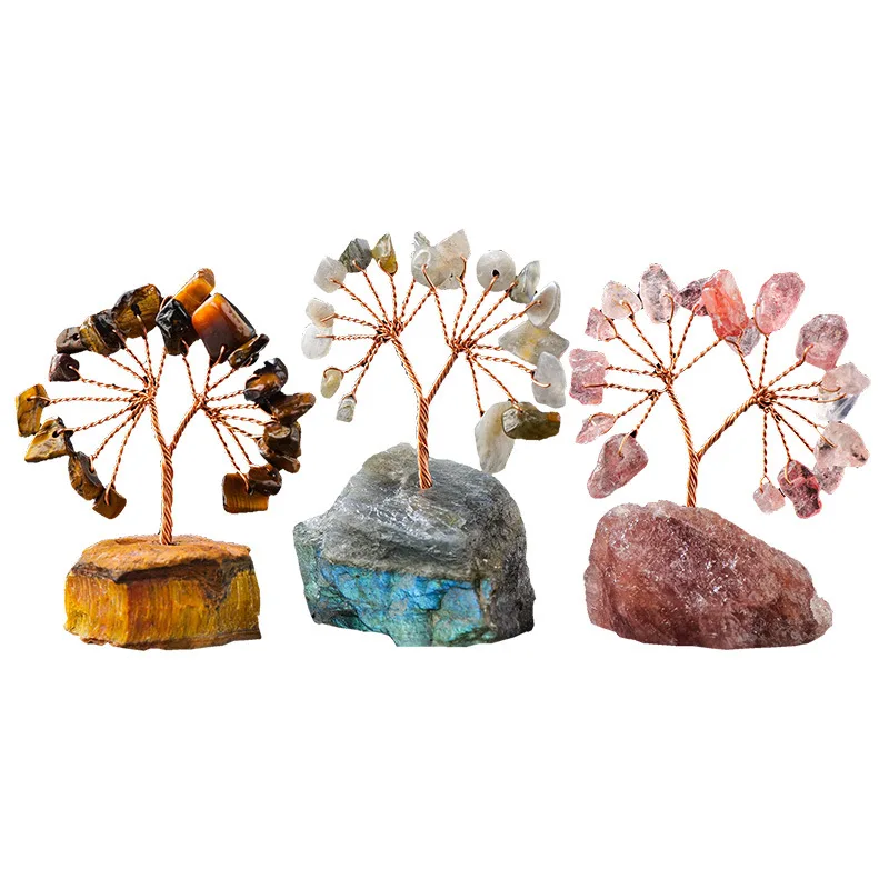 Home Decoration Hand Carved Raw Stone Natural Colorful Base Crystal Money Tree