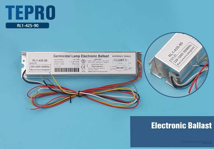 RL1-425-90 90w 254nm 185nm uv lamp ballast Preheat Start Uvc Germicidal Amalgam Lamp Electronic Ballast For Water Treatment