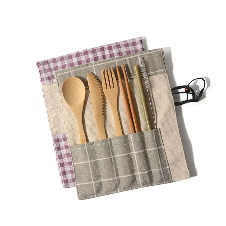 Wholesale New Portable Children Tableware With Bag Reusable Kids Bamboo Camping Travel Household Cutlery Set