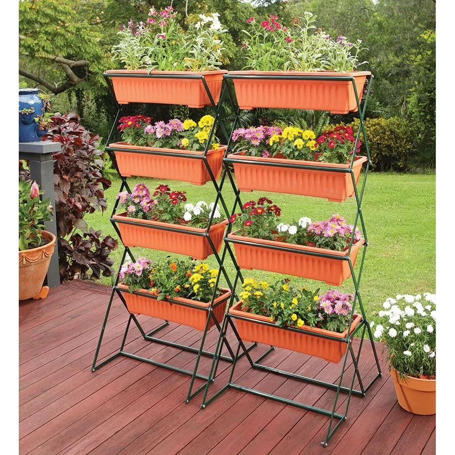 4 Tiers Vertical Plasticraised Bed Planter Shelf Freestanding Elevated Raised Garden Bed Planters with Plastic Flowerpot Metal