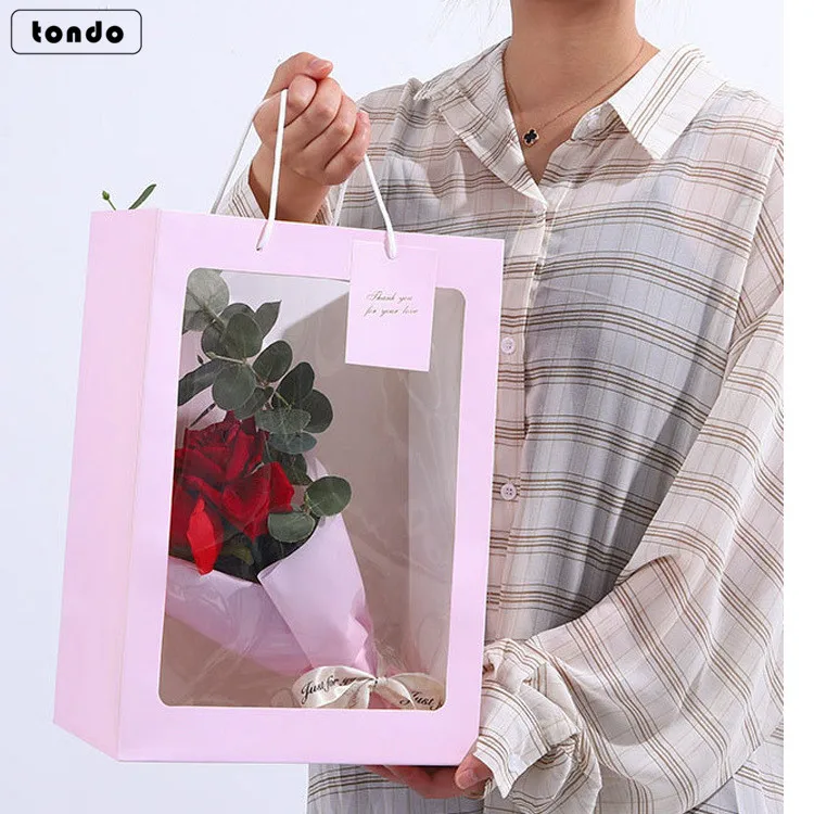 Tondo Clear pvc transparent window Christmas gift pvc flower paper carrier bag